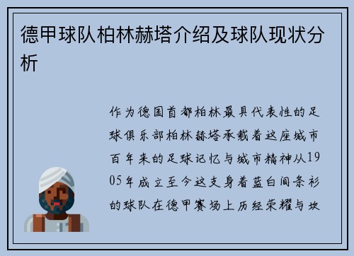 德甲球队柏林赫塔介绍及球队现状分析